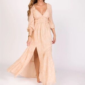 Daphne Long Sleeve Maxi Dress in Light Beige/White Floral